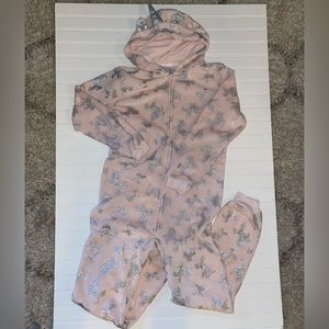 Unicorn Onesie Girls Pink Zip XXL Sparkly Hood Ears Halloween Costume Pajamas